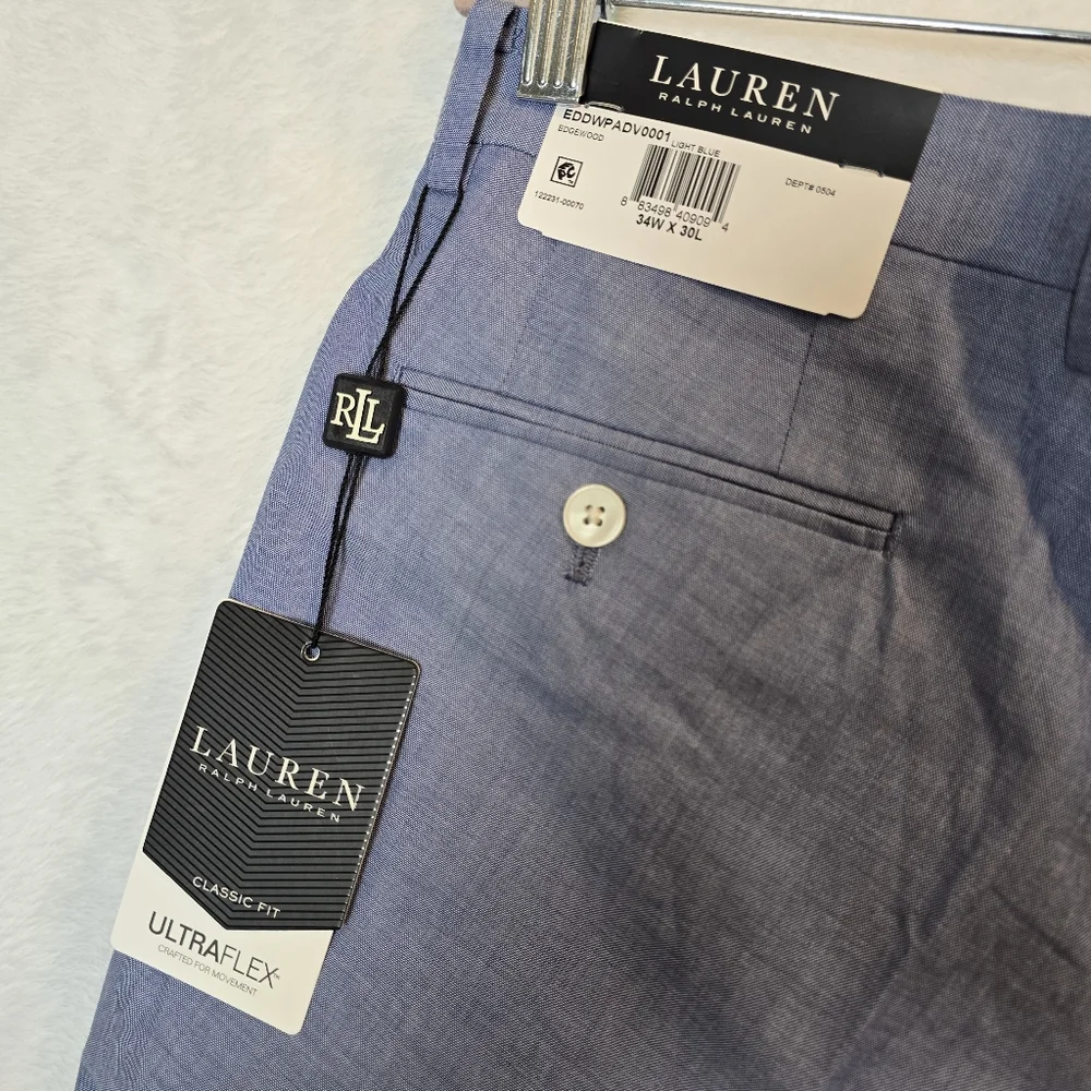 NWT Ralph Lauren UltraFlex 100% Cotton Edgewood Dress Pants Light Blue 34x30